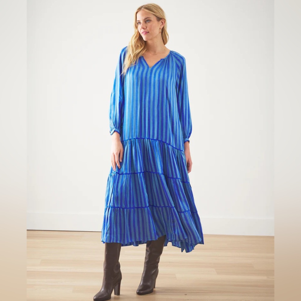Printfresh Vibrant Blue striped Tiered Maxi Dress Size M Sleeves Clowncore
